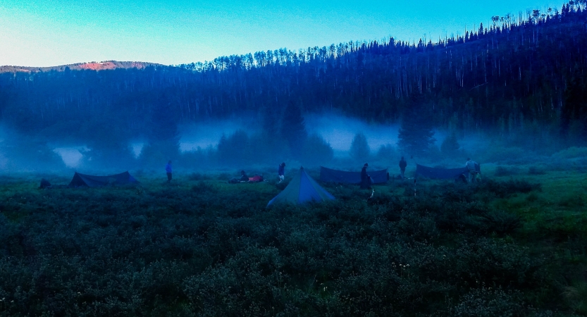 tents and shelters are scattered about a grassy meadow at dawn
